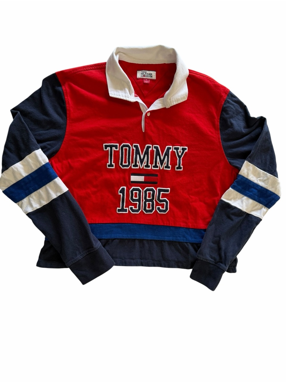 Vintage Tommy Hilfiger Red, Navy and White 'TOMMY 1985' Rugby Shirt Size M